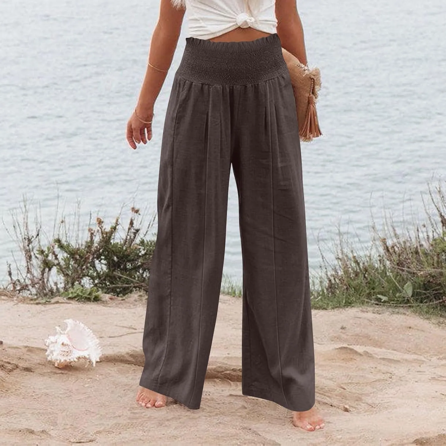 Women Cotton Linen Summer Printed Palazzo Pants High Waist Wide Leg Slim-Fit Trouser Work Business
