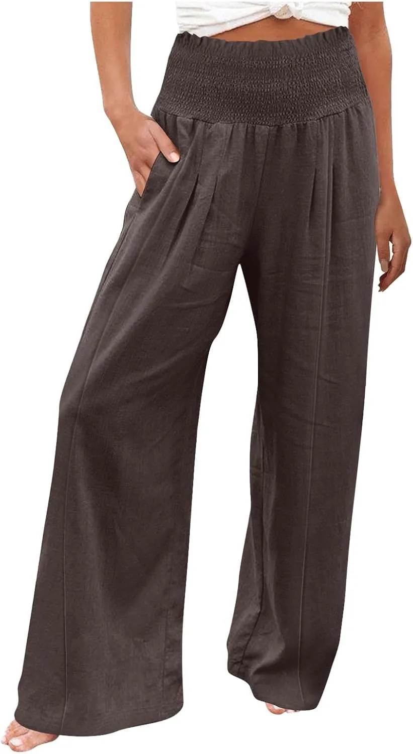 Women Cotton Linen Summer Printed Palazzo Pants High Waist Wide Leg Slim-Fit Trouser Work Business