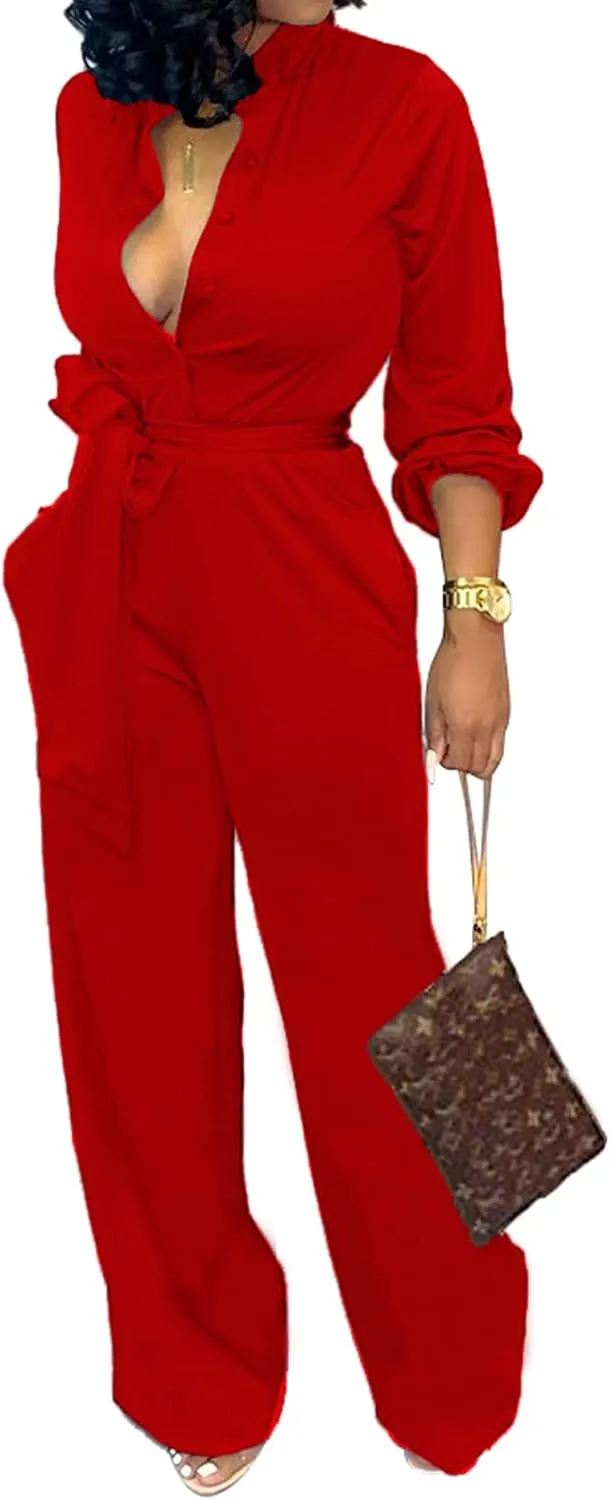 Women Jumpsuits For Elegant Sexy V Neck Long Sleeve Casual for Work Wide Leg Pants with Pockets Belt