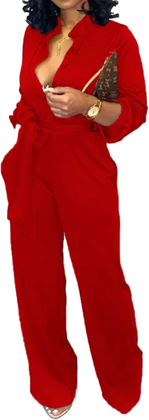 Women Jumpsuits For Elegant Sexy V Neck Long Sleeve Casual for Work Wide Leg Pants with Pockets Belt