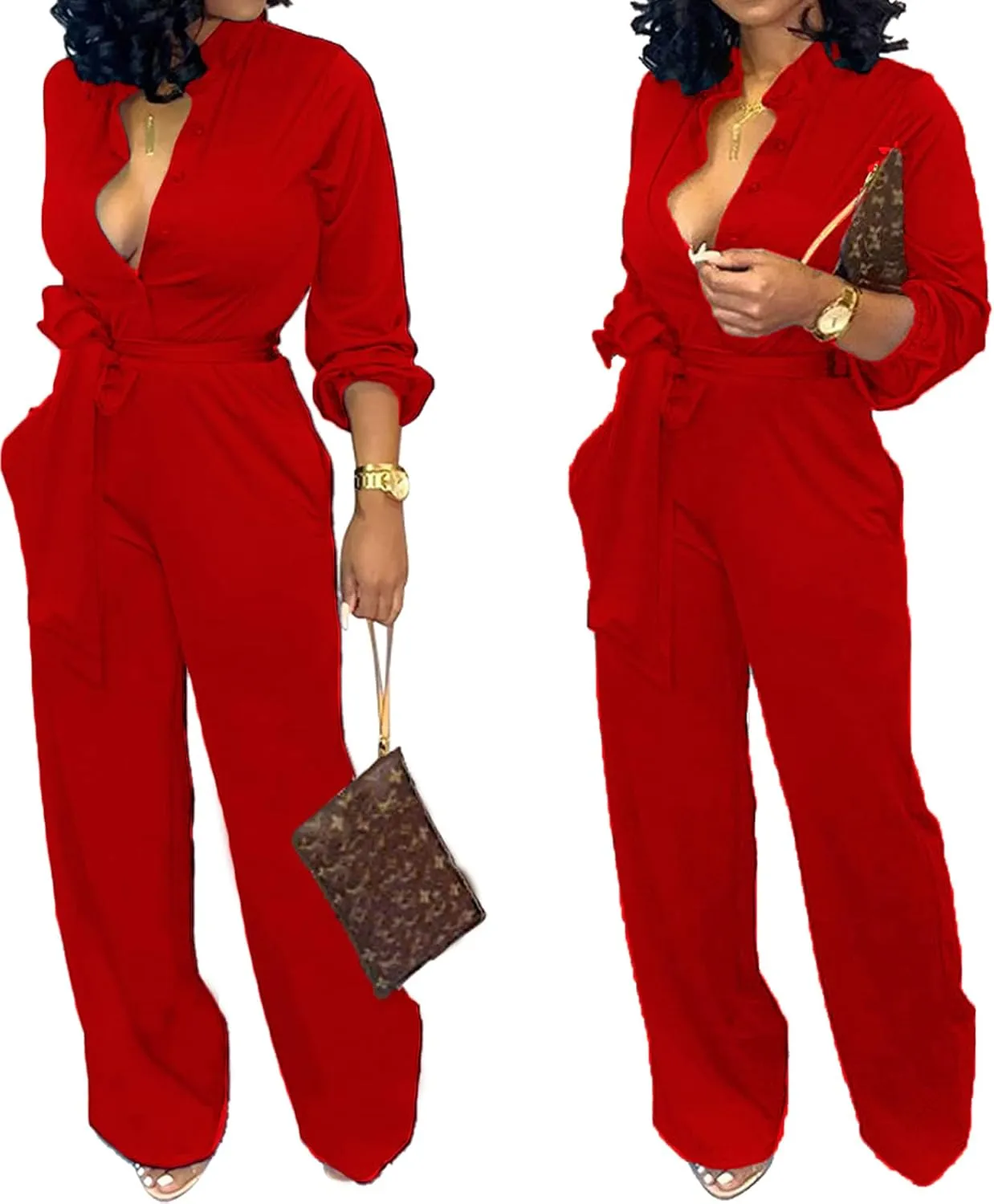 Women Jumpsuits For Elegant Sexy V Neck Long Sleeve Casual for Work Wide Leg Pants with Pockets Belt