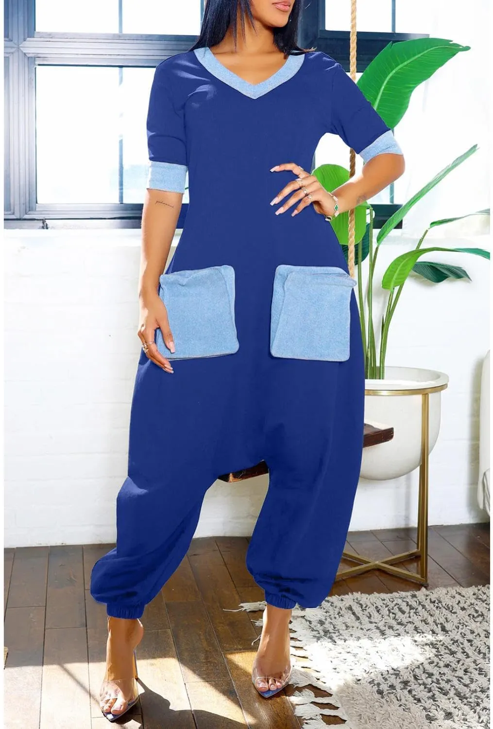 Women Jumpsuits Loose Casual Short Sleeve Harem Pants Summer Romper Outfits