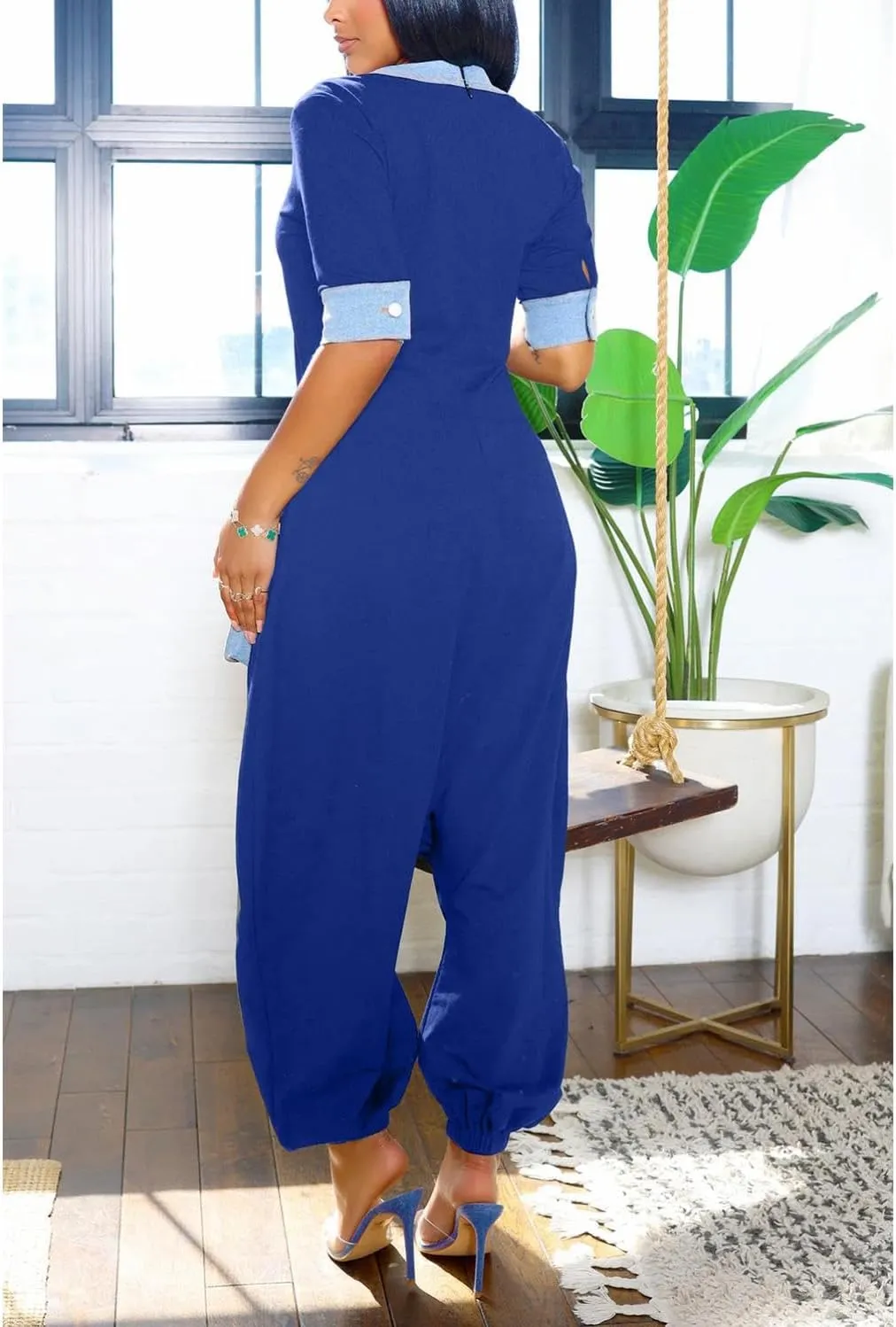 Women Jumpsuits Loose Casual Short Sleeve Harem Pants Summer Romper Outfits