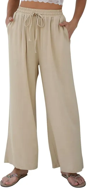 Women Linen Wide-Leg Palazzo Pants Summer Flowy Baggy High Waist Casual Lounge Travel Trousers with Pockets