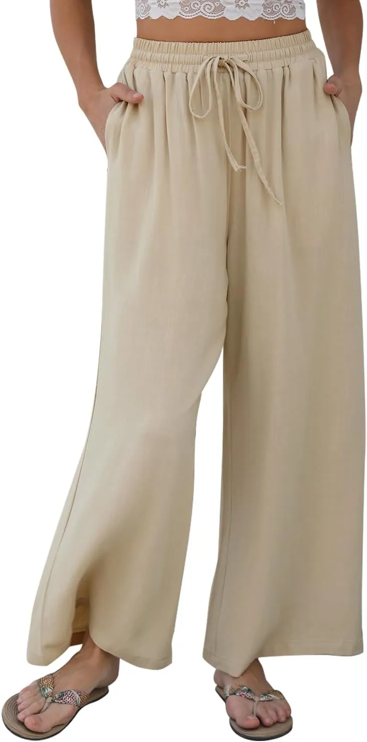 Women Linen Wide-Leg Palazzo Pants Summer Flowy Baggy High Waist Casual Lounge Travel Trousers with Pockets