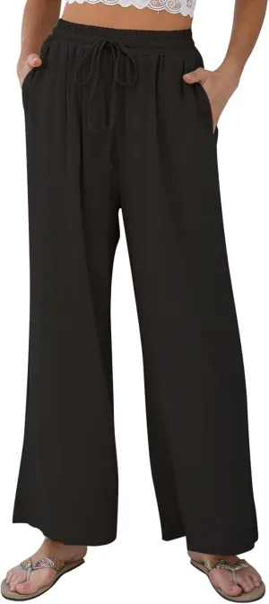 Women Linen Wide-Leg Palazzo Pants Summer Flowy Baggy High Waist Casual Lounge Travel Trousers with Pockets