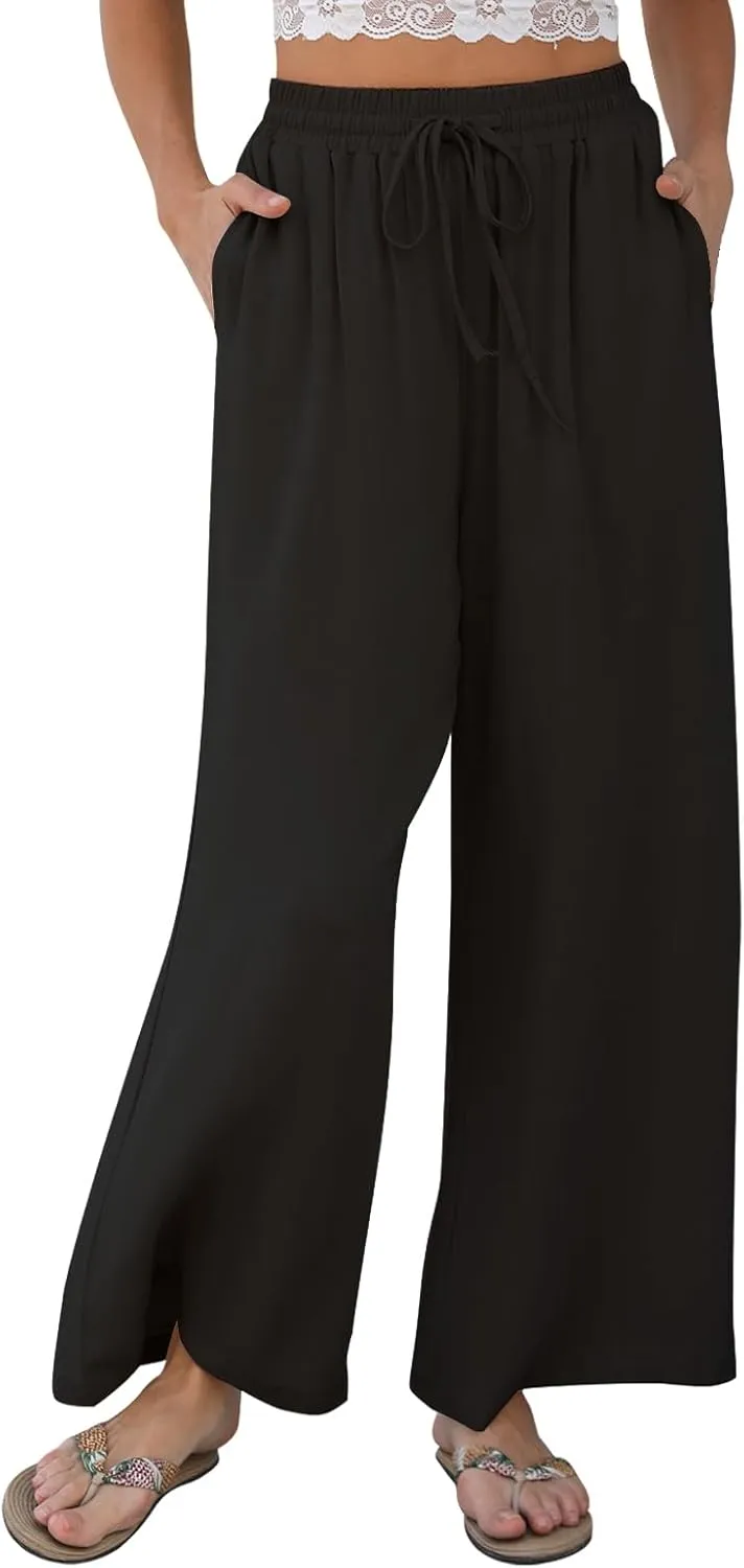Women Linen Wide-Leg Palazzo Pants Summer Flowy Baggy High Waist Casual Lounge Travel Trousers with Pockets