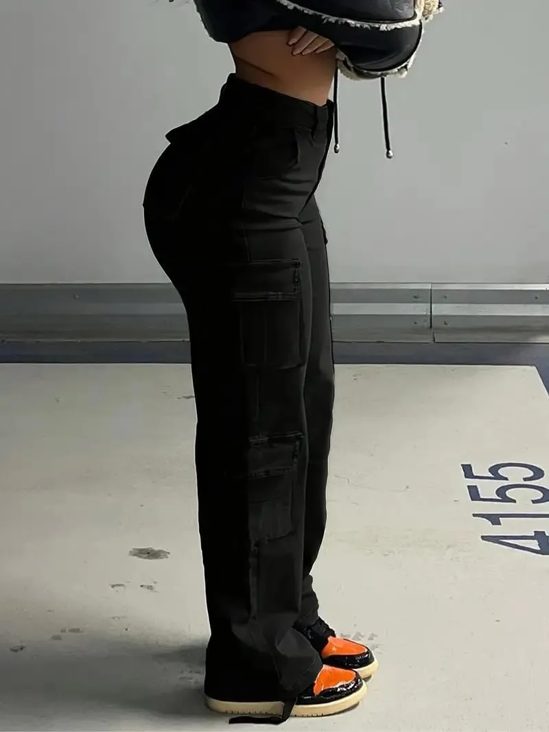 Women Mid Waisted Cargo Jeans Flap Pocket Straight Wide Leg Casual Baggy Boyfriend Denim Streetwear Pants