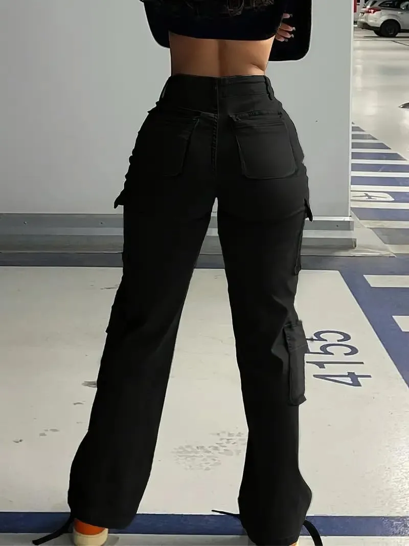 Women Mid Waisted Cargo Jeans Flap Pocket Straight Wide Leg Casual Baggy Boyfriend Denim Streetwear Pants