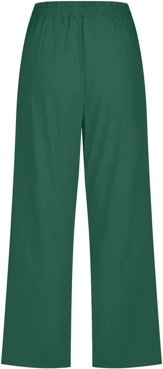 Women Plus Size Cotton Linen Capris Pants Drawstring Elastic High Waist Wide Leg Cropped Pants Lounge Trousers Slacks
