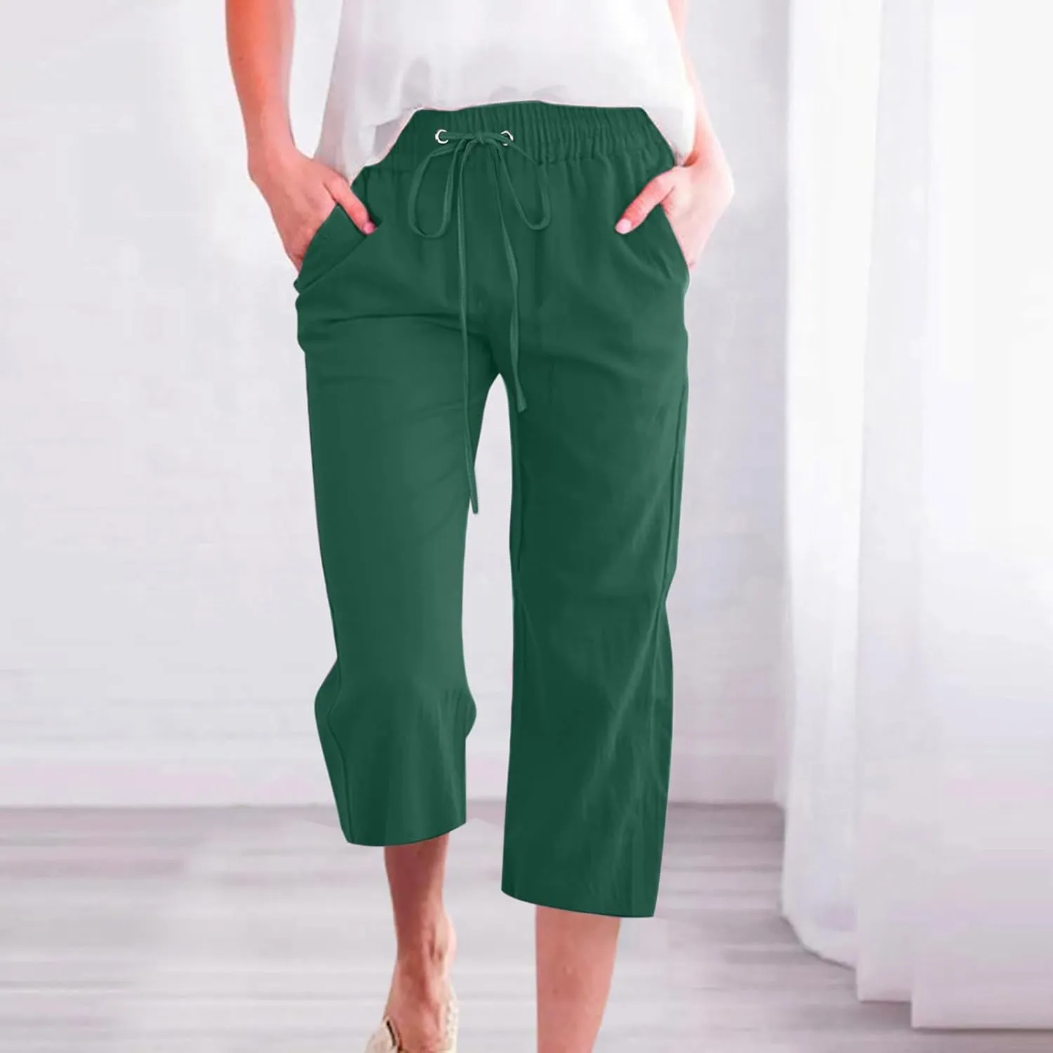 Women Plus Size Cotton Linen Capris Pants Drawstring Elastic High Waist Wide Leg Cropped Pants Lounge Trousers Slacks