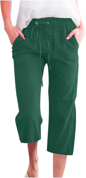 Women Plus Size Cotton Linen Capris Pants Drawstring Elastic High Waist Wide Leg Cropped Pants Lounge Trousers Slacks