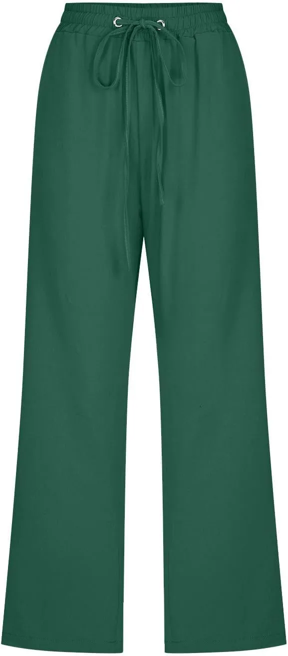 Women Plus Size Cotton Linen Capris Pants Drawstring Elastic High Waist Wide Leg Cropped Pants Lounge Trousers Slacks