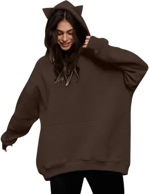 Women Plus Size Cute Cat Ear Hoodies Solid Color Fluffy Sweatshirt Baggy Casual Homewear Sweater Tops Trendy Clothing