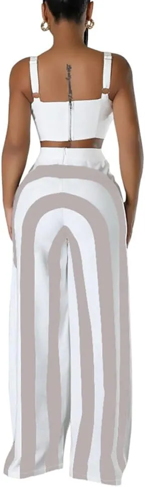 Women Striped 2 Piece Outfits Sexy Halter Tops Wide Leg Pants Sets Jumpsuits Club Outfits