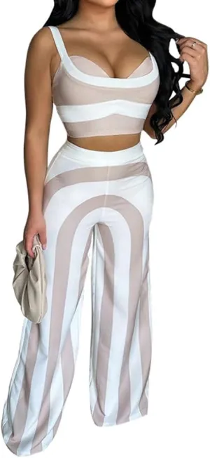 Women Striped 2 Piece Outfits Sexy Halter Tops Wide Leg Pants Sets Jumpsuits Club Outfits