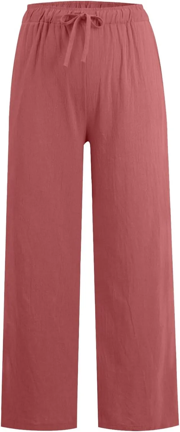 Women Summer Wide Leg Pants Drawstring Elastic High Waisted Lounge Pants Beach Casual Trousers with Pockets