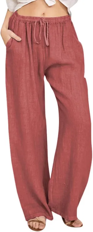 Women Summer Wide Leg Pants Drawstring Elastic High Waisted Lounge Pants Beach Casual Trousers with Pockets