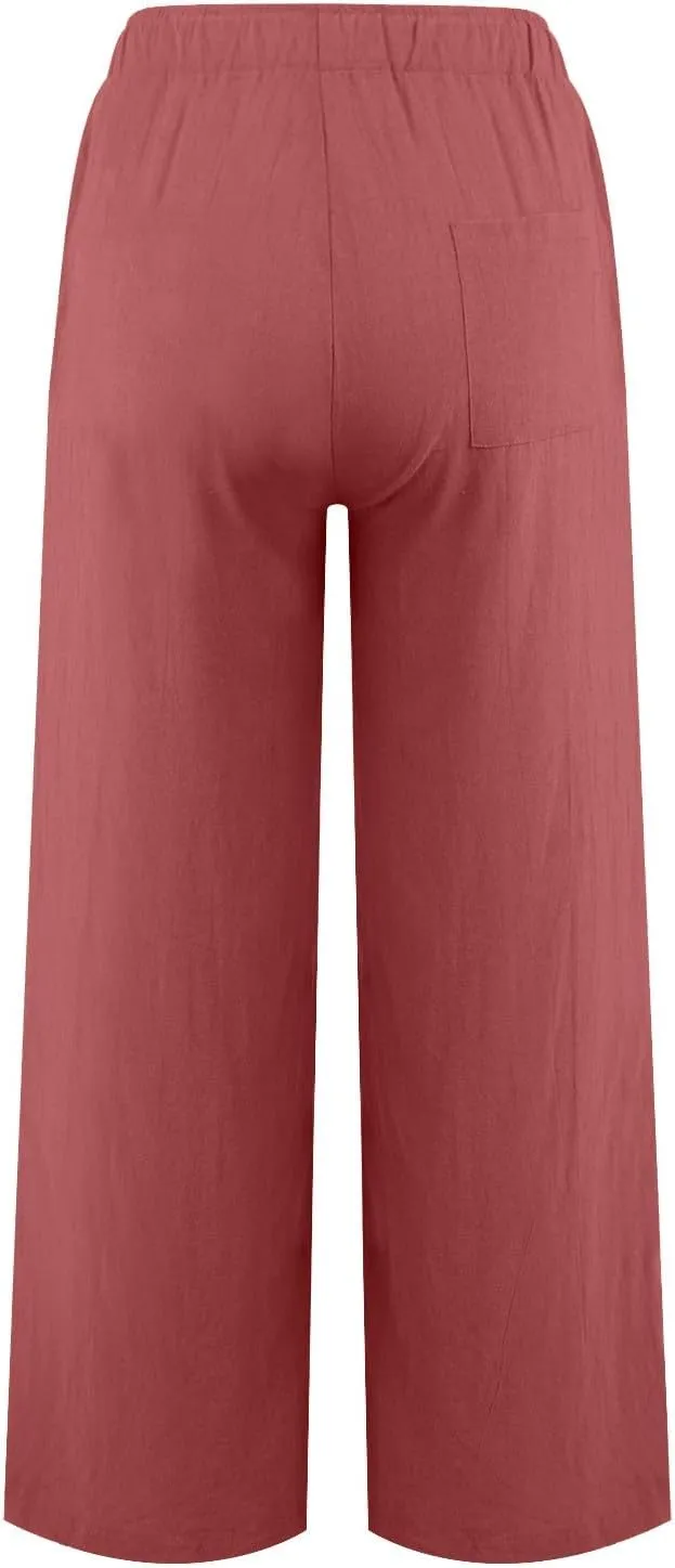 Women Summer Wide Leg Pants Drawstring Elastic High Waisted Lounge Pants Beach Casual Trousers with Pockets