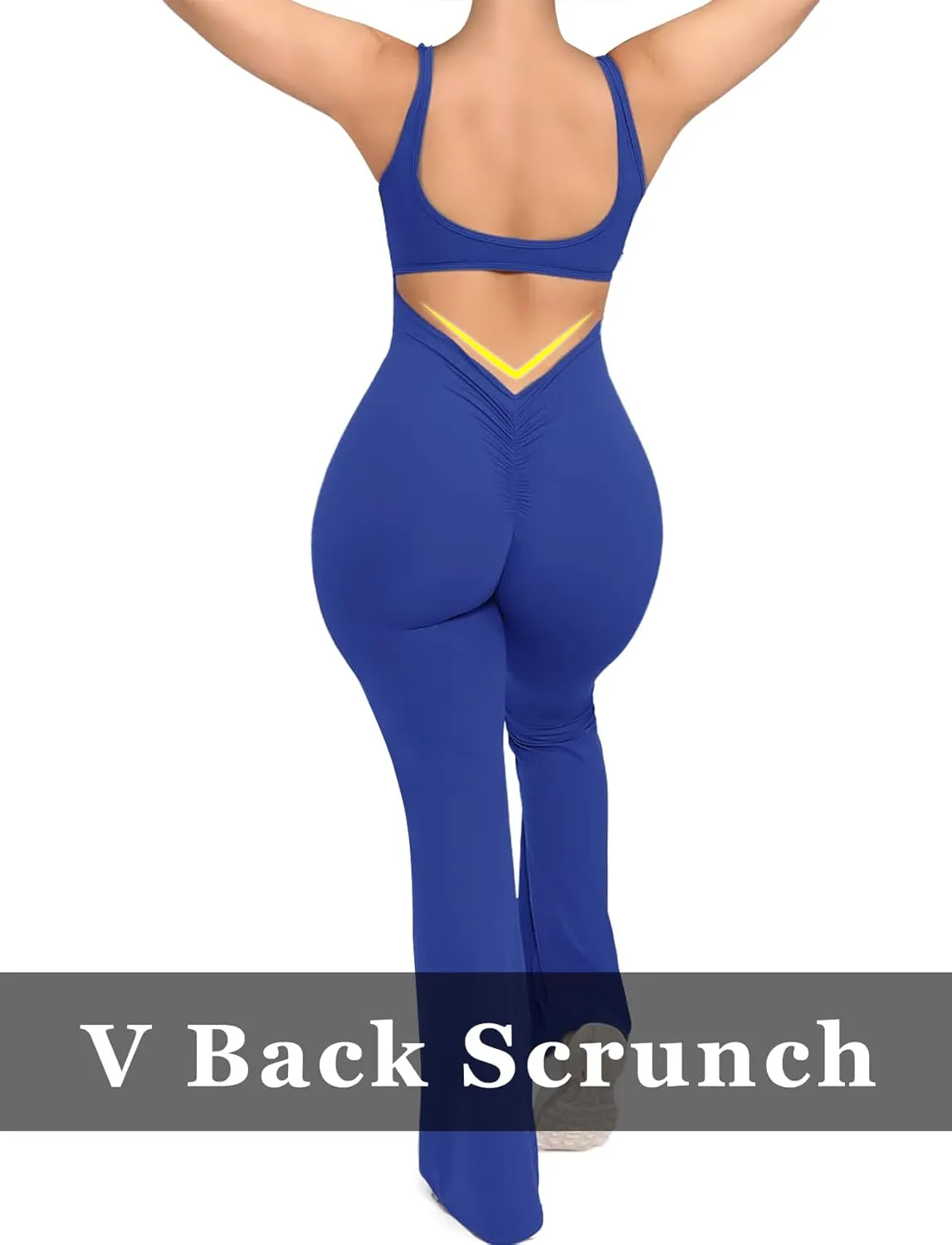 Women V Back Srunch Butt Workout Flare Jumpsuits Sleeveless Backless Scoop Neck Bodycon Yoga Rompers Snatched Suit