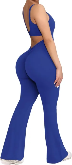 Women V Back Srunch Butt Workout Flare Jumpsuits Sleeveless Backless Scoop Neck Bodycon Yoga Rompers Snatched Suit