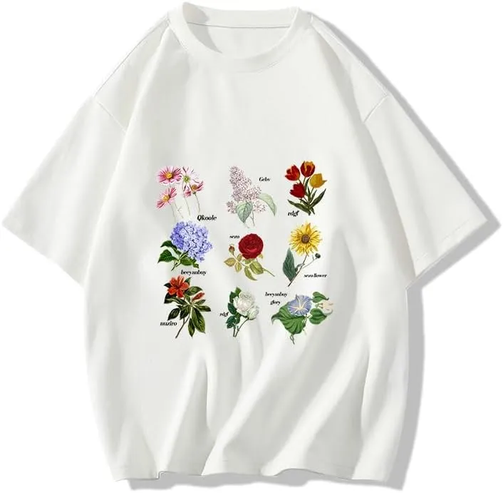 Women Vintage Graphic Flower Print Short Sleeve T Shirt Summer Casual Girls Tee Tops