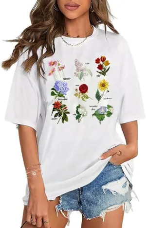 Women Vintage Graphic Flower Print Short Sleeve T Shirt Summer Casual Girls Tee Tops