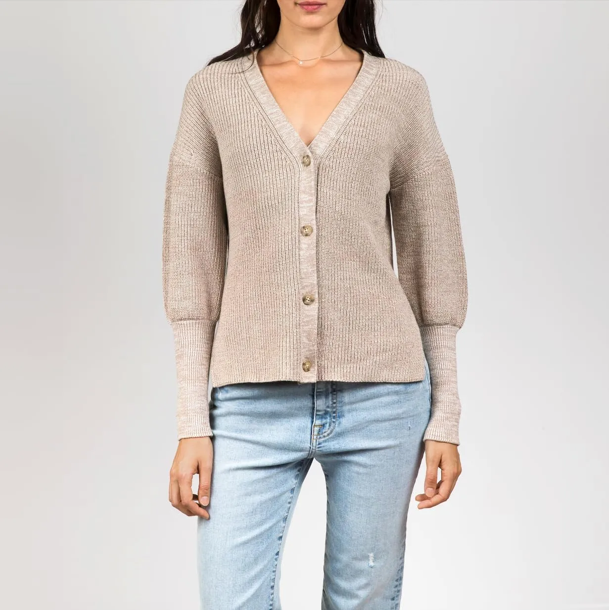 Women's 100% Cotton Knitted Sweater Madison Marled Puff Sleeve Cardigan in Oatmeal