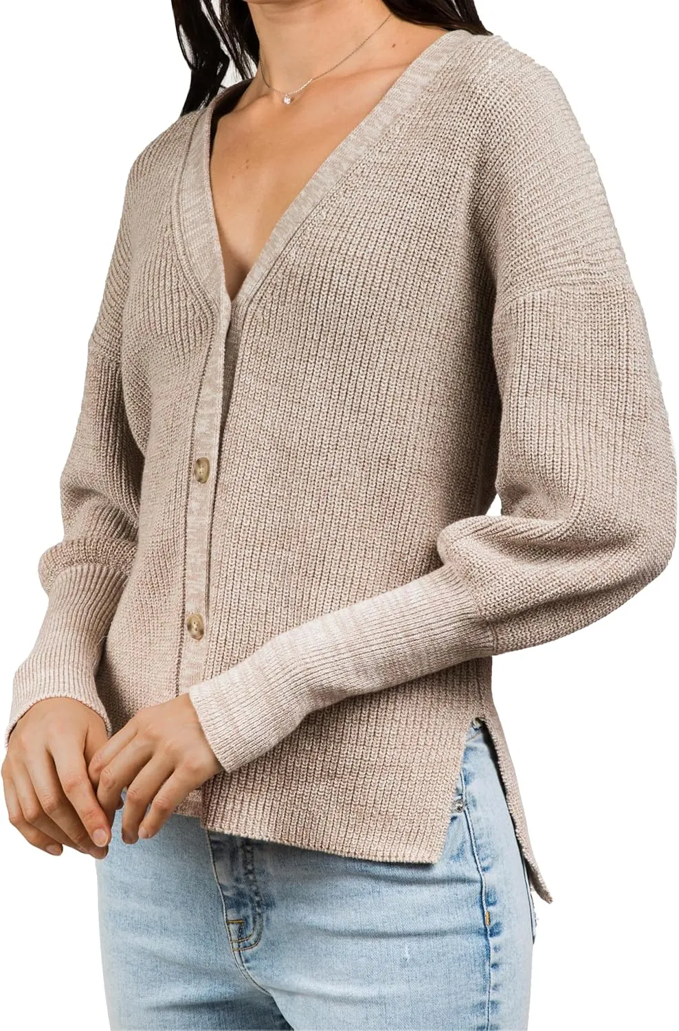 Women's 100% Cotton Knitted Sweater Madison Marled Puff Sleeve Cardigan in Oatmeal