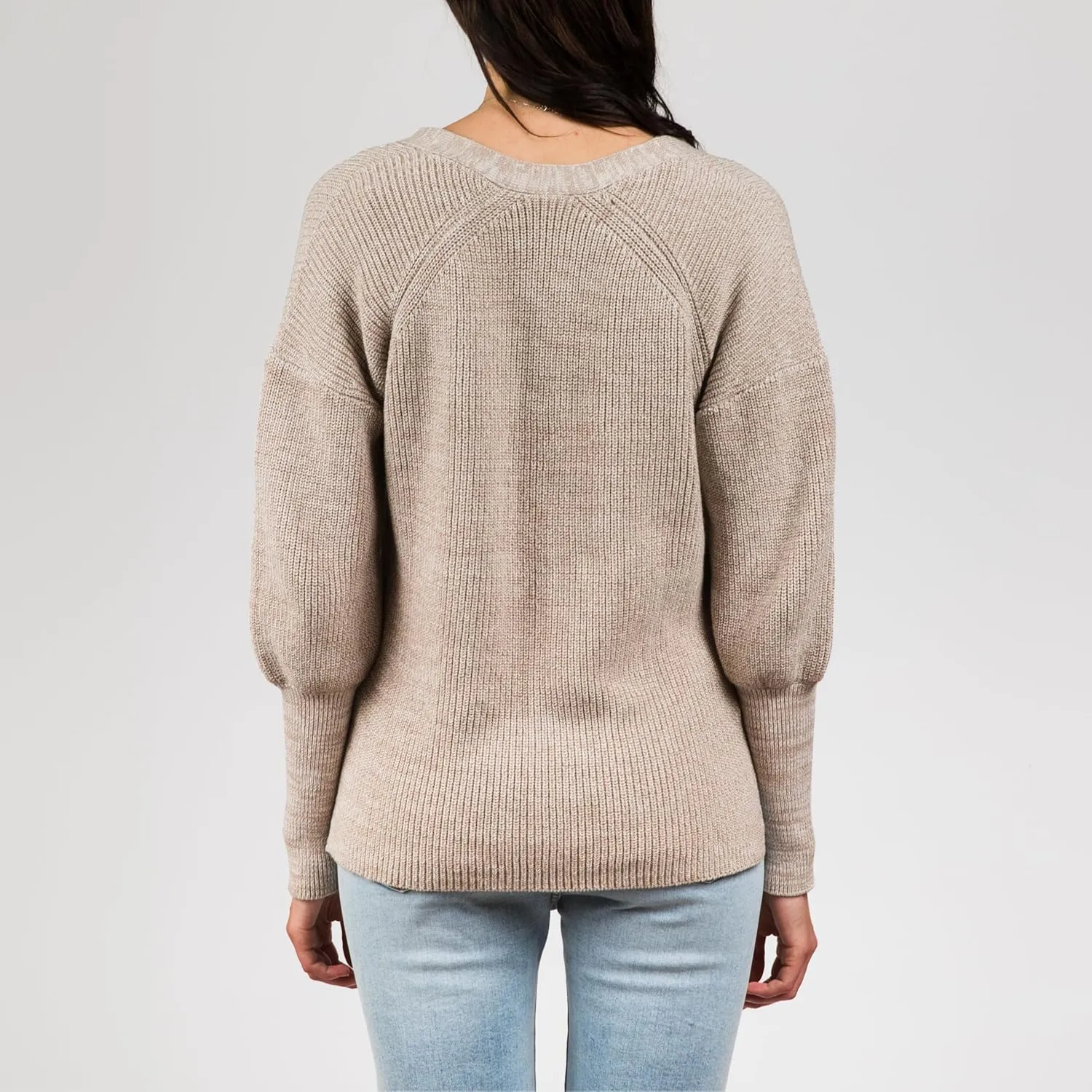 Women's 100% Cotton Knitted Sweater Madison Marled Puff Sleeve Cardigan in Oatmeal