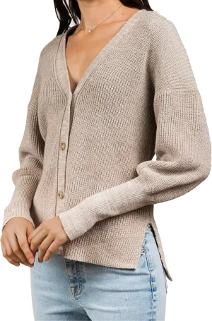 Women's 100% Cotton Knitted Sweater Madison Marled Puff Sleeve Cardigan in Oatmeal
