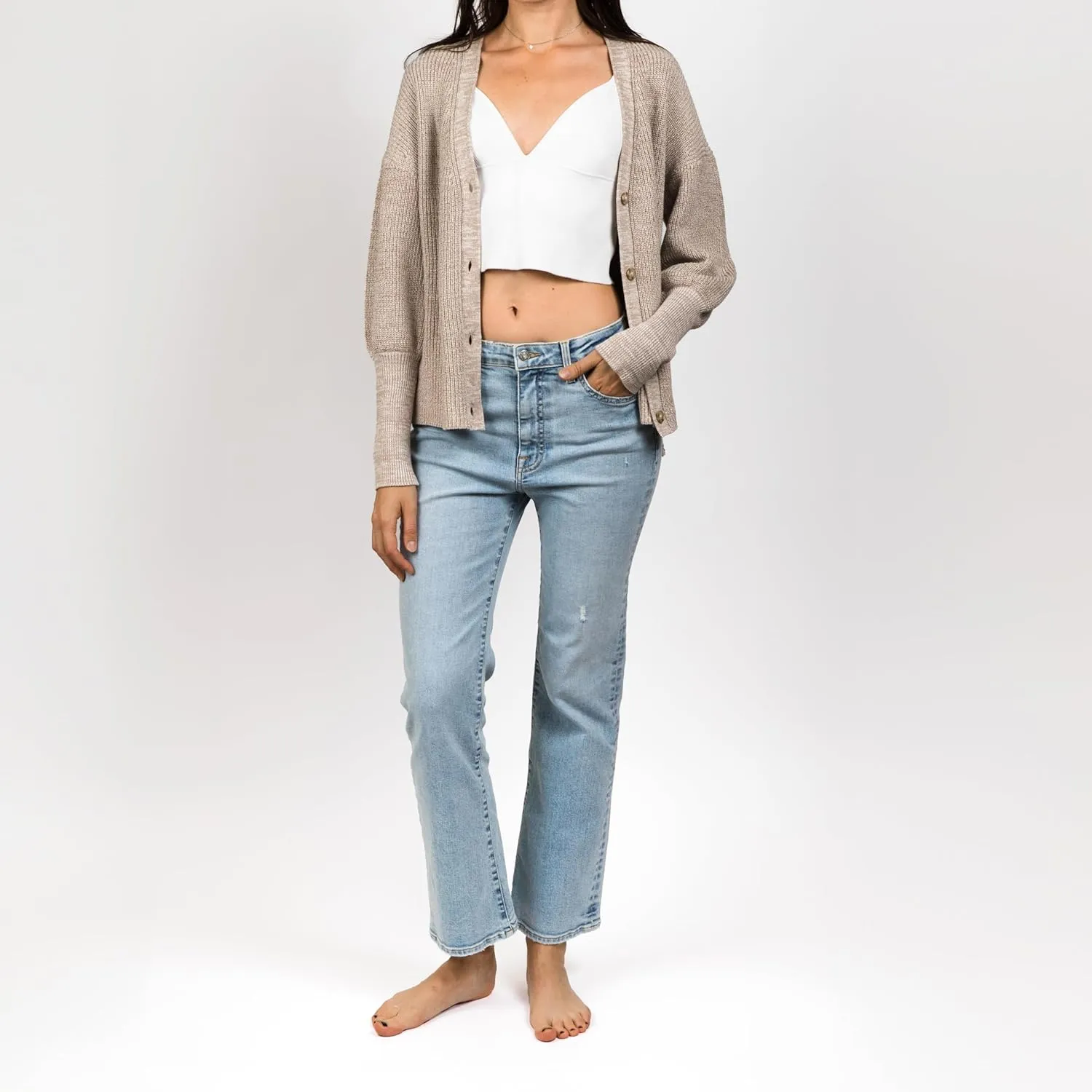 Women's 100% Cotton Knitted Sweater Madison Marled Puff Sleeve Cardigan in Oatmeal