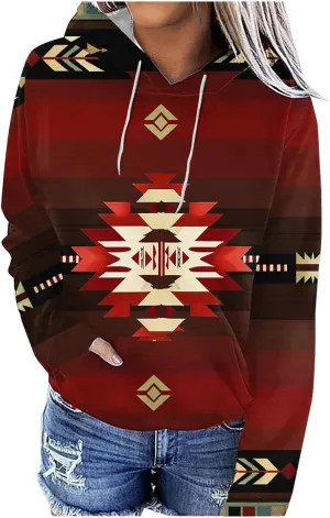 Womens Aztec Ethic Graphic Sweatshirt Western Shirts Hoodies Casual Fall Tops Pullover Cow Country Vintage Outfit