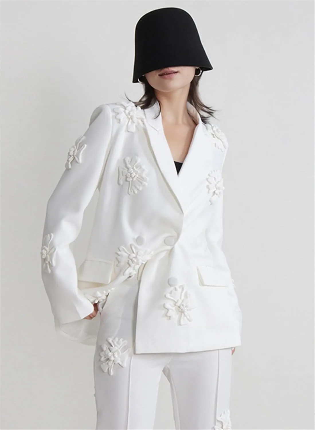 Womens Blazer Coats Notched Long Sleeve Double Breasted Jacket Flower Appliques Wedding Party Long Blazers