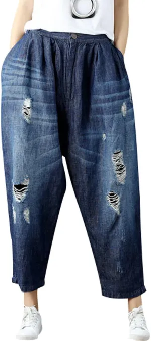 Women's Casual Drop Crotch Trousers Denim Jeans Ripped Harem Jeans