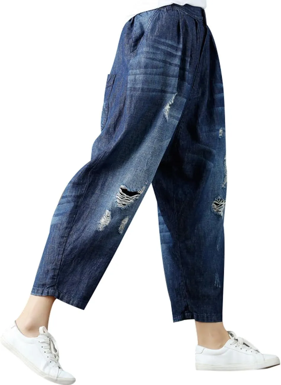 Women's Casual Drop Crotch Trousers Denim Jeans Ripped Harem Jeans
