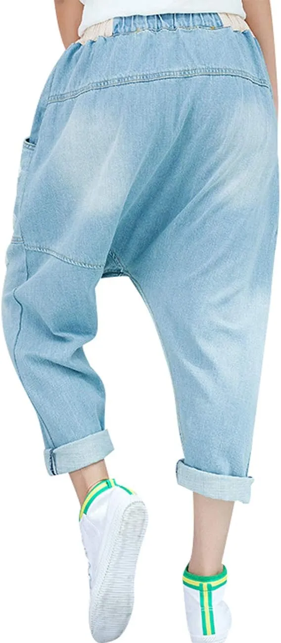 Women's Casual Drop Crotch Trousers Denim Jeans Ripped Harem Jeans