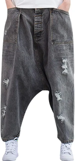 Women's Casual Drop Crotch Trousers Denim Jeans Ripped Harem Jeans