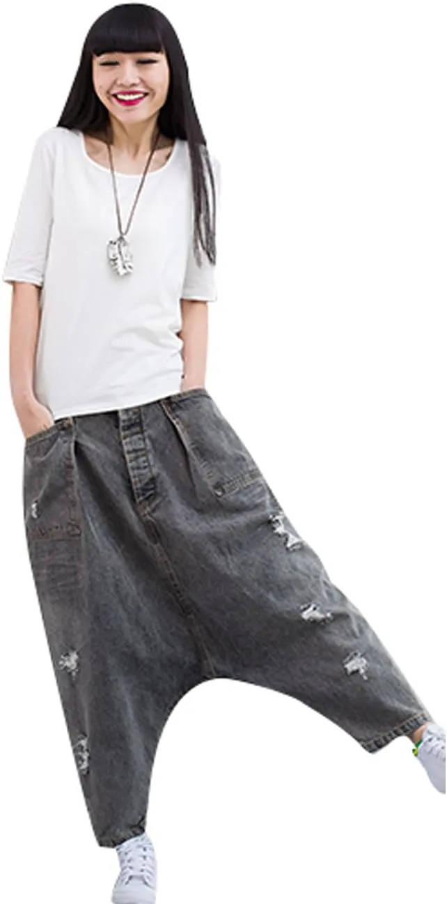 Women's Casual Drop Crotch Trousers Denim Jeans Ripped Harem Jeans