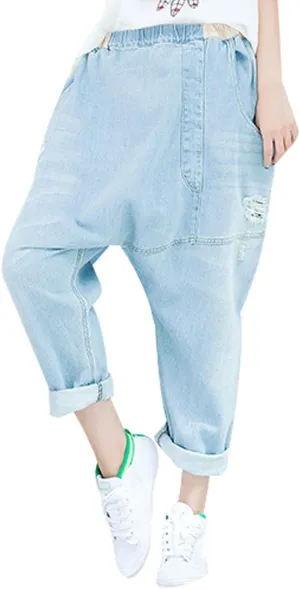 Women's Casual Drop Crotch Trousers Denim Jeans Ripped Harem Jeans