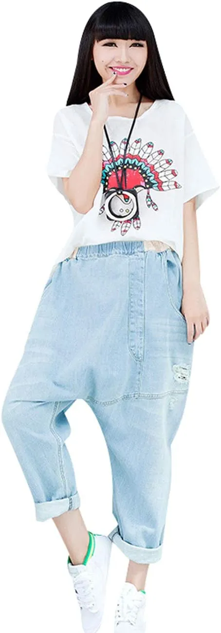 Women's Casual Drop Crotch Trousers Denim Jeans Ripped Harem Jeans
