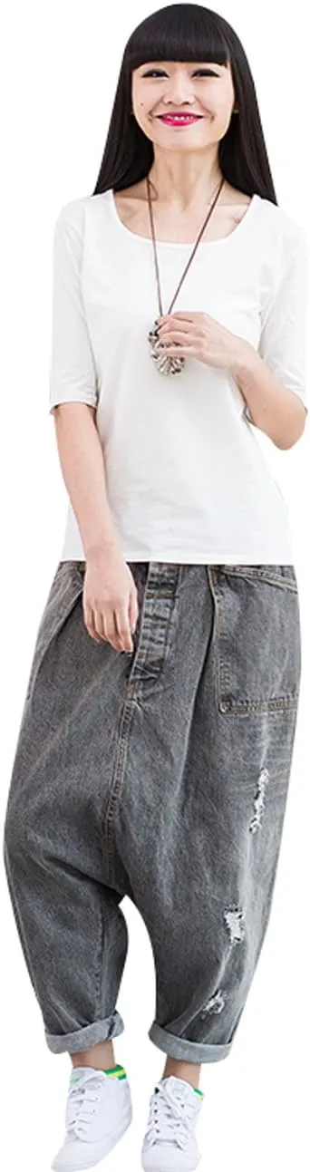 Women's Casual Drop Crotch Trousers Denim Jeans Ripped Harem Jeans