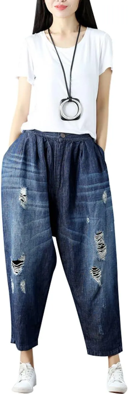 Women's Casual Drop Crotch Trousers Denim Jeans Ripped Harem Jeans