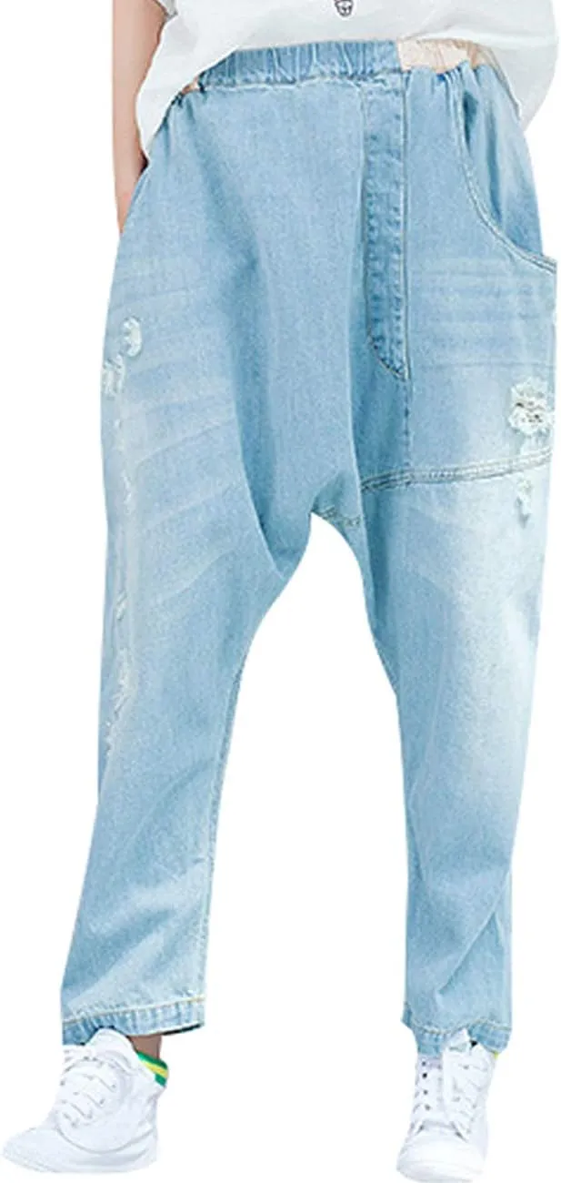 Women's Casual Drop Crotch Trousers Denim Jeans Ripped Harem Jeans