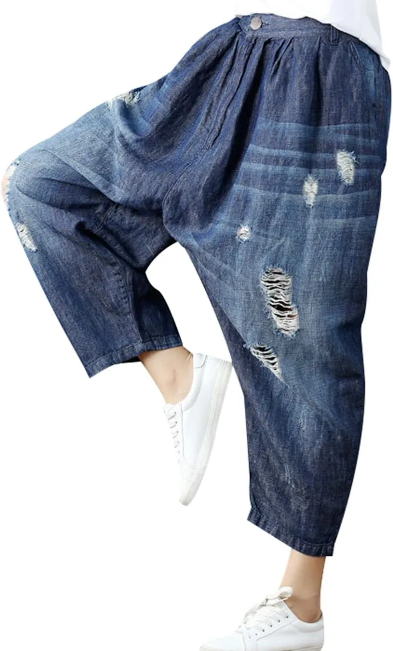 Women's Casual Drop Crotch Trousers Denim Jeans Ripped Harem Jeans