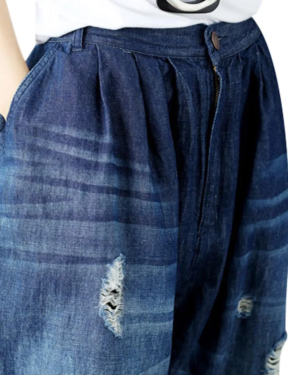 Women's Casual Drop Crotch Trousers Denim Jeans Ripped Harem Jeans