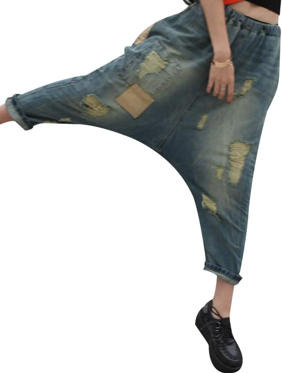 Women's Casual Drop Crotch Trousers Denim Jeans Ripped Harem Jeans