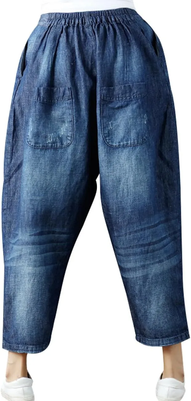 Women's Casual Drop Crotch Trousers Denim Jeans Ripped Harem Jeans
