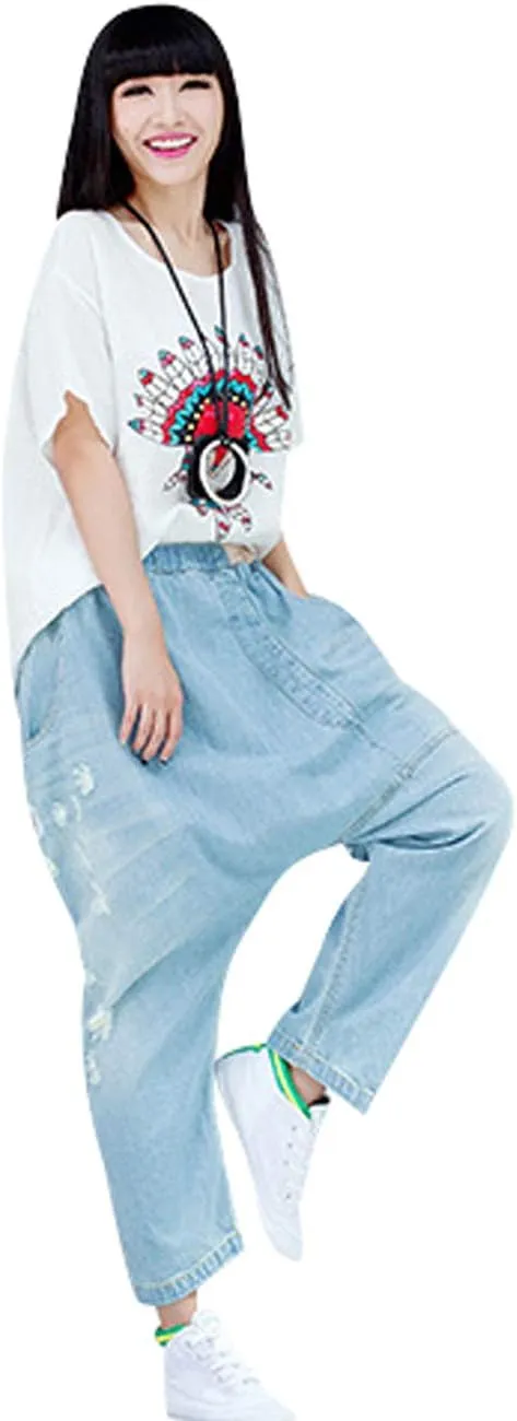 Women's Casual Drop Crotch Trousers Denim Jeans Ripped Harem Jeans