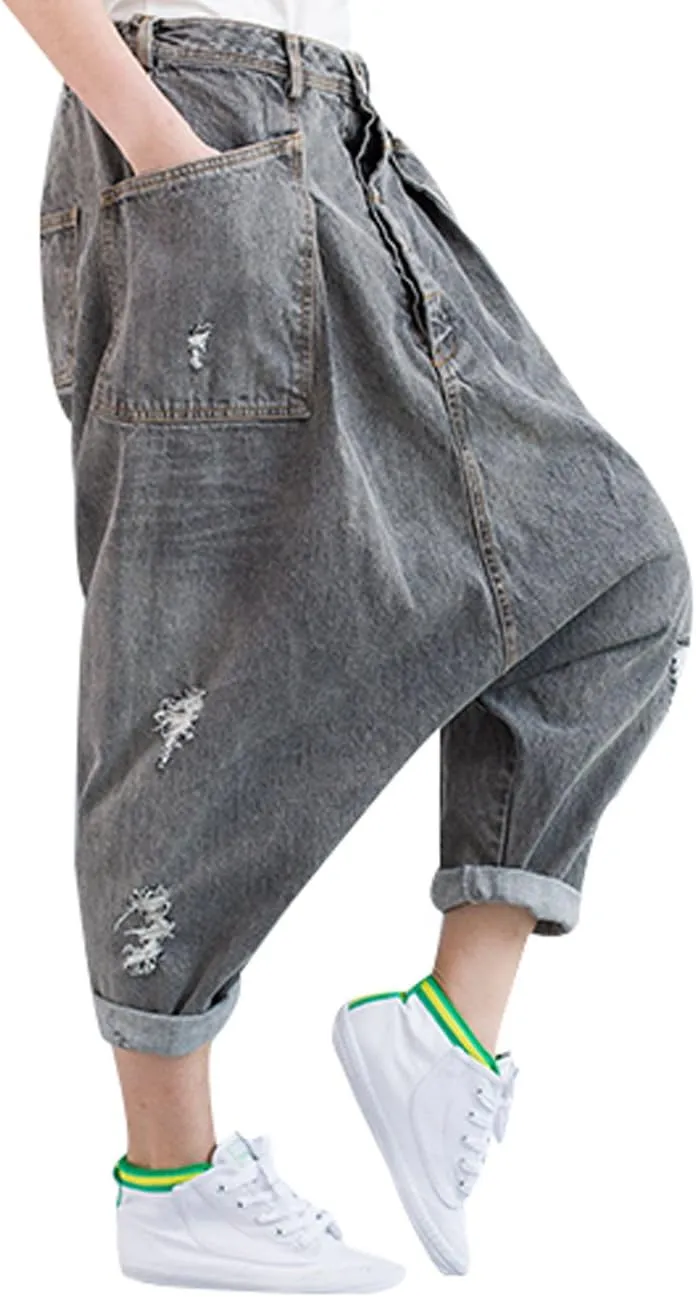 Women's Casual Drop Crotch Trousers Denim Jeans Ripped Harem Jeans